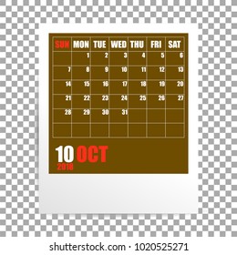 October 2018 calendar photo frame on transparent background. Autumn month. Vector