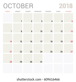 October 2018. Calendar planner design template. Week starts on Sunday. Stationery design