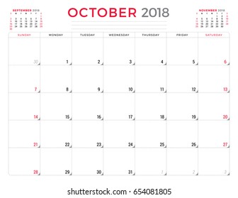October 2018. Calendar planner design template. Week starts on Sunday. Stationery design