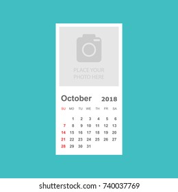 October 2018 calendar. Calendar planner design template with place for photo. Week starts on sunday. Business vector illustration.