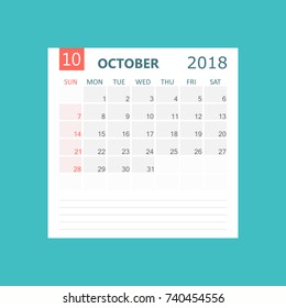 October 2018 calendar. Calendar planner design template. Week starts on Sunday. Business vector illustration.