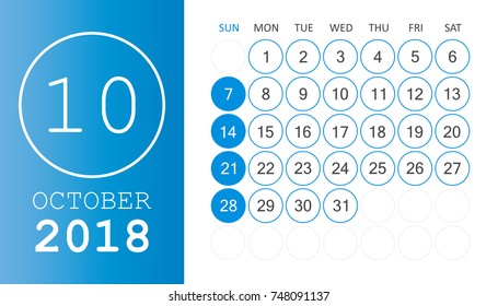 October 2018 calendar. Calendar planner design template. Week starts on Sunday. Business vector illustration.
