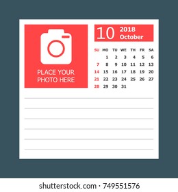October 2018 calendar. Calendar planner design template. Week starts on Sunday. Business vector illustration.