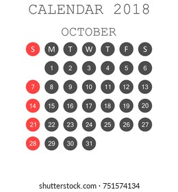 October 2018 calendar. Calendar planner design template. Week starts on Sunday. Business vector illustration.