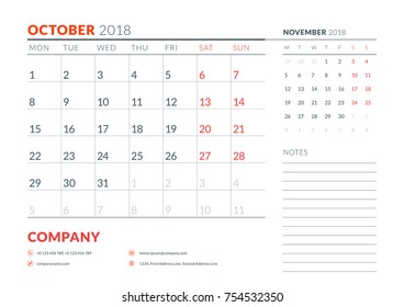 October 2018. Calendar planner design template. Week starts on Monday. Stationery design