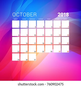 October 2018. Calendar planner design template with abstract background. Week starts on Monday