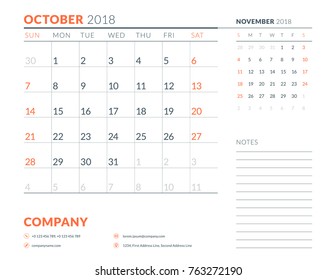 October 2018. Calendar planner design template. Week starts on Sunday. Stationery design