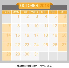 October 2018. Calendar planner design template. Week starts on Sunday.