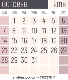 October 2018 Calendar planner design template. Lokanichny style. Vector