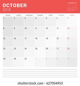 October 2018. Calendar planner vector design print template. Week starts on Monday. Stationery design