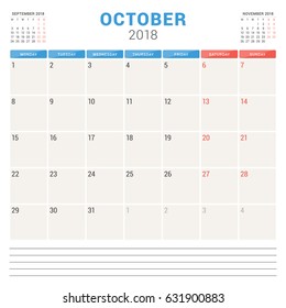 October 2018. Calendar planner vector design template. Week starts on Monday. Stationery design