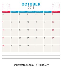 October 2018. Calendar planner vector design template. Week starts on Sunday. Stationery design