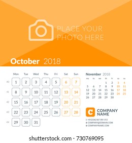 October 2018. Calendar print template for 2018 year. Week starts on Monday. Vector design template with place for photo