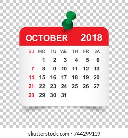 October 2018 calendar. Calendar sticker design template. Week starts on Sunday. Business vector illustration.