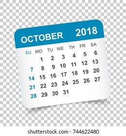 October 2018 calendar. Calendar sticker design template. Week starts on Sunday. Business vector illustration.