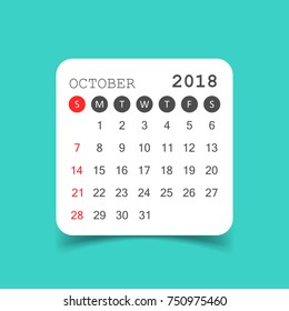 October 2018 calendar. Calendar sticker design template. Week starts on Sunday. Business vector illustration.