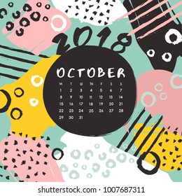 October : 2018 Calendar Template with Colorful Pattern : Vector Illustration