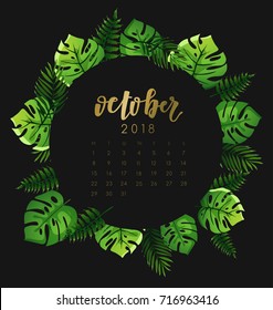 October : 2018 Calendar Template with Exotic Tropical Leaves : Vector Illustration