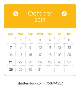 October 2018 calendar vector illustration, simple and clean design.