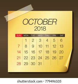 October 2018 calendar vector illustration, simple and clean design.