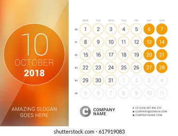 October 2018. Desk Calendar for 2018 Year. Vector Design Print Template with Place for Photo. Week Starts on Monday. Calendar Grid with Week Numbers