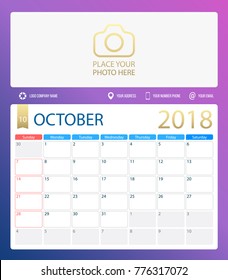 OCTOBER 2018, illustration vector calendar or desk planner, weeks start on Sunday, size of paper for printing A4. Dark blue Violet color.