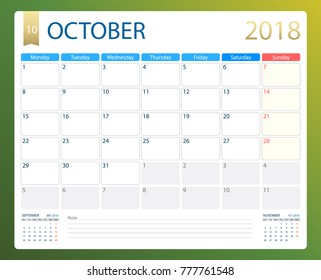 OCTOBER 2018, illustration vector calendar or desk planner, weeks start on Monday, size of paper for printing.