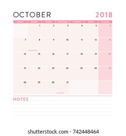 October 2018 Monthly Calendar with Notes Vector Illustration
