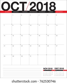October 2018 planner calendar vector illustration, simple and clean design.
