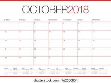 October 2018 planner calendar vector illustration, simple and clean design.