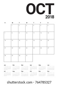 October 2018 planner calendar vector illustration, simple and clean design.