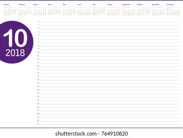 October 2018 planner calendar vector illustration, simple and clean design.