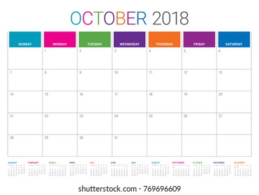 October 2018 planner calendar vector illustration, simple and clean design.