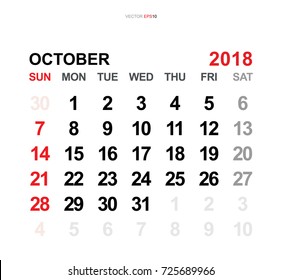 October 2018 Vector Monthly Calendar Template Stock Vector (Royalty ...