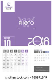October 2018. Wall Calendar 2018. 2 Months on Page. Vector Design. Template with Place for Photo and Company Logo