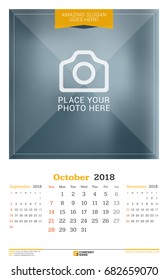 October 2018. Wall Calendar for 2018 Year. Vector Design Print Template with Place for Photo. Week Starts on Sunday