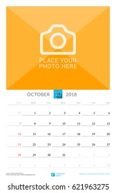 October 2018. Wall Monthly Calendar for 2018 Year. Vector Design Print Template with Place for Photo. Week Starts on Sunday. Portrait Orientation
