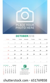 October 2018. Wall Monthly Calendar for 2018 Year. Vector Design Print Template with Place for Photo. Week Starts on Sunday. 3 Months on Page