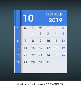 October 2019 Calendar Leaf. Flat design. Monthly calendar design template. Week starts on Sunday. Business vector illustration.