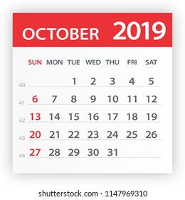 October 2019 Calendar Leaf - Illustration. Vector graphic page
