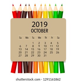 October 2019 calendar page. Vector illustration.