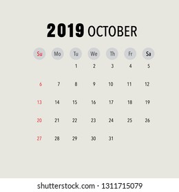 October 2019 calendar page. Vector illustration.