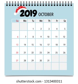 October 2019 calendar page. Vector illustration.