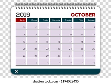 October 2019. Calendar planner design template. Week starts on Sunday. 