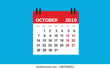 october 2019 calendar vector isolated blue background