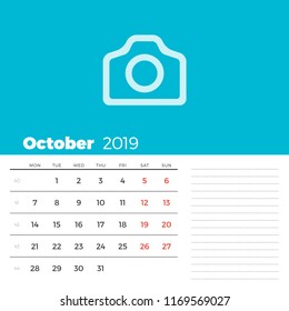 October 2019 desk calendar page. Week starts on Monday. Vector design print template