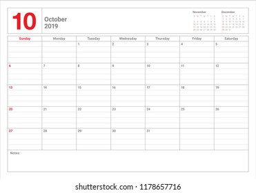 October 2019 desk calendar vector illustration, simple and clean design.
