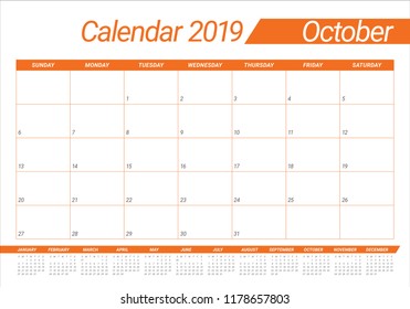 October 2019 desk calendar vector illustration, simple and clean design.