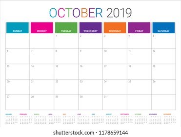 October 2019 desk calendar vector illustration, simple and clean design.