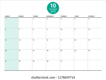 October 2019 desk calendar vector illustration, simple and clean design.